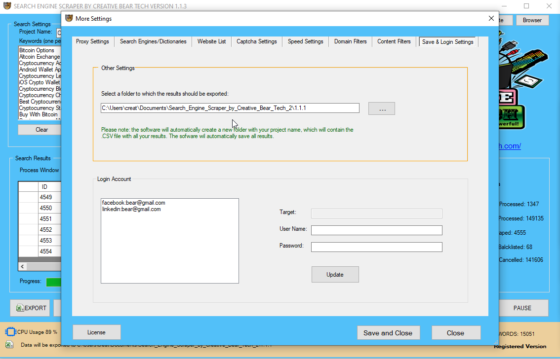 Search Engine Scraper and Email Extractor by Creative Bear Tech Auto Save