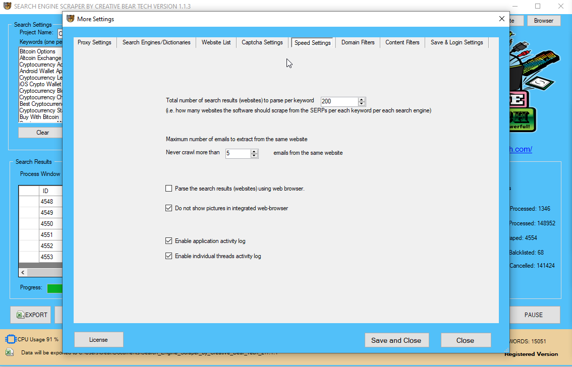 Search Engine Scraper and Email Extractor by Creative Bear Tech Speed Settings