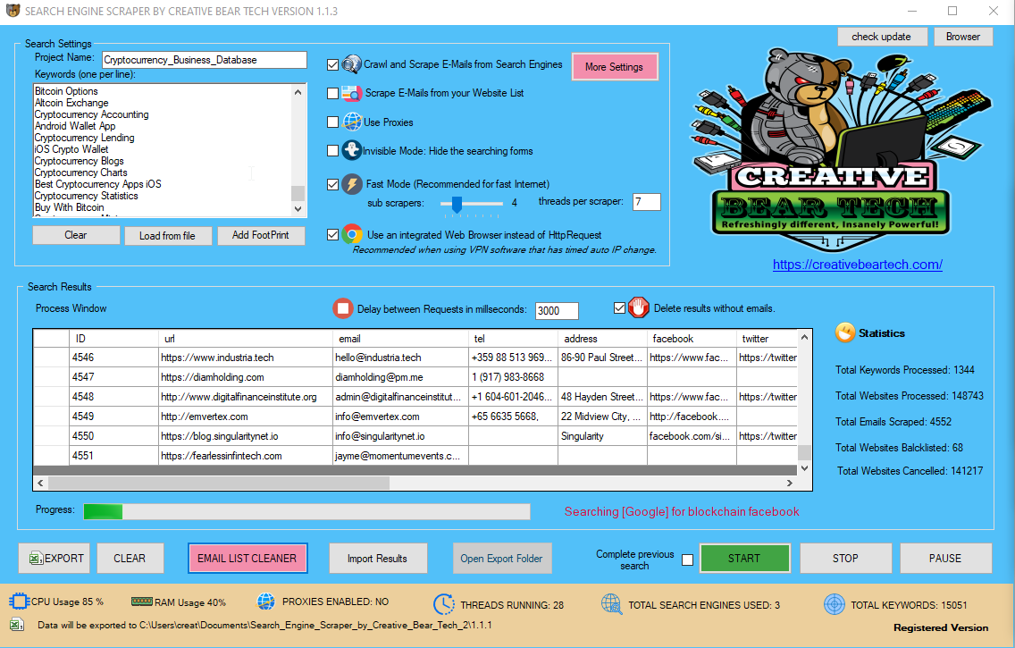 Search Engine Scraper and Email Extractor by Creative Bear Tech Main GUI